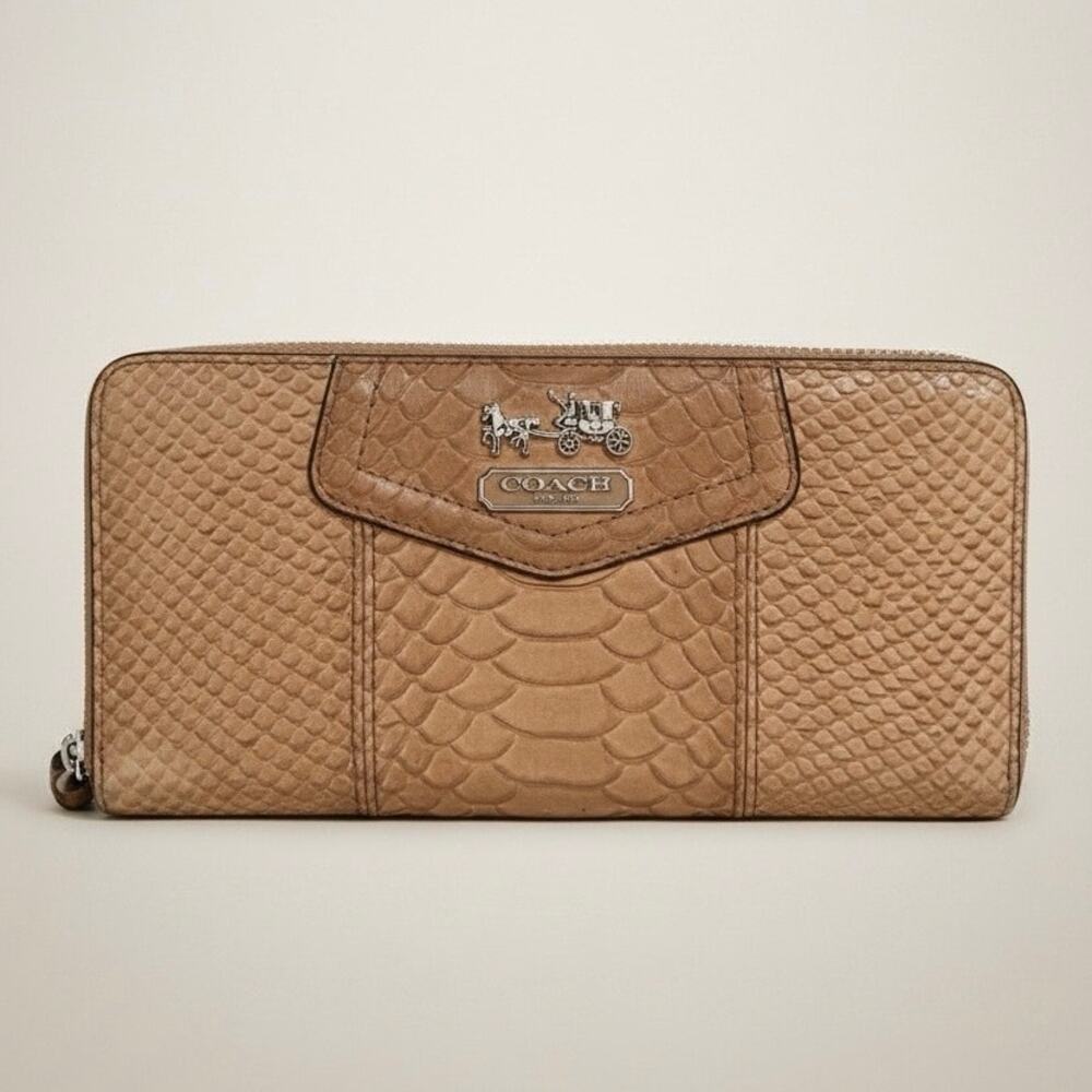 Coach Ashley Snake Embossed Tan Leather Zip Around Clutch Wallet